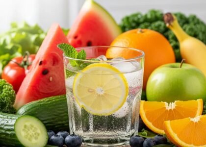 Fresh fruits and a glass of water representing hydration's role in wound healing