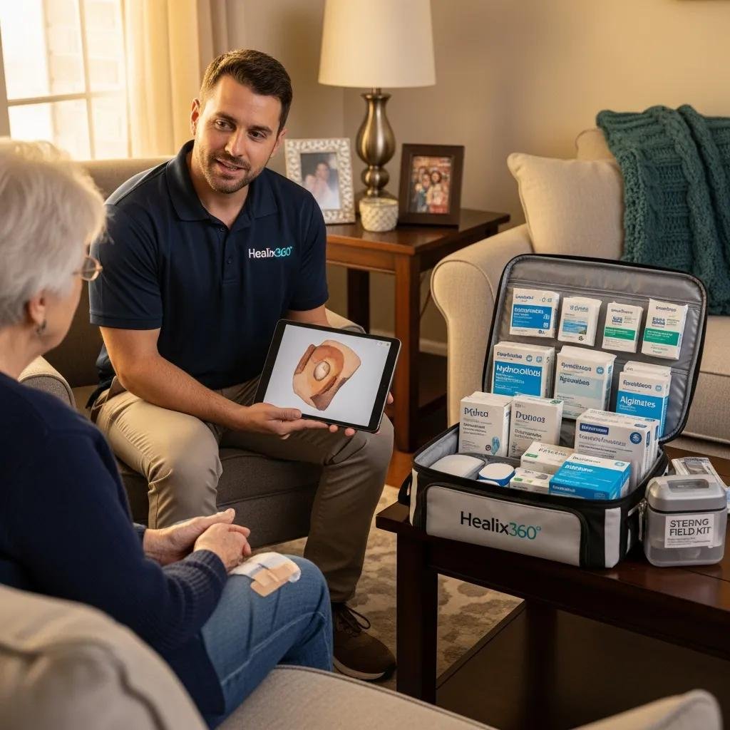 Healix360 mobile wound care specialist discussing wound treatment options with a patient, showcasing advanced dressings and personalized care in a home setting.