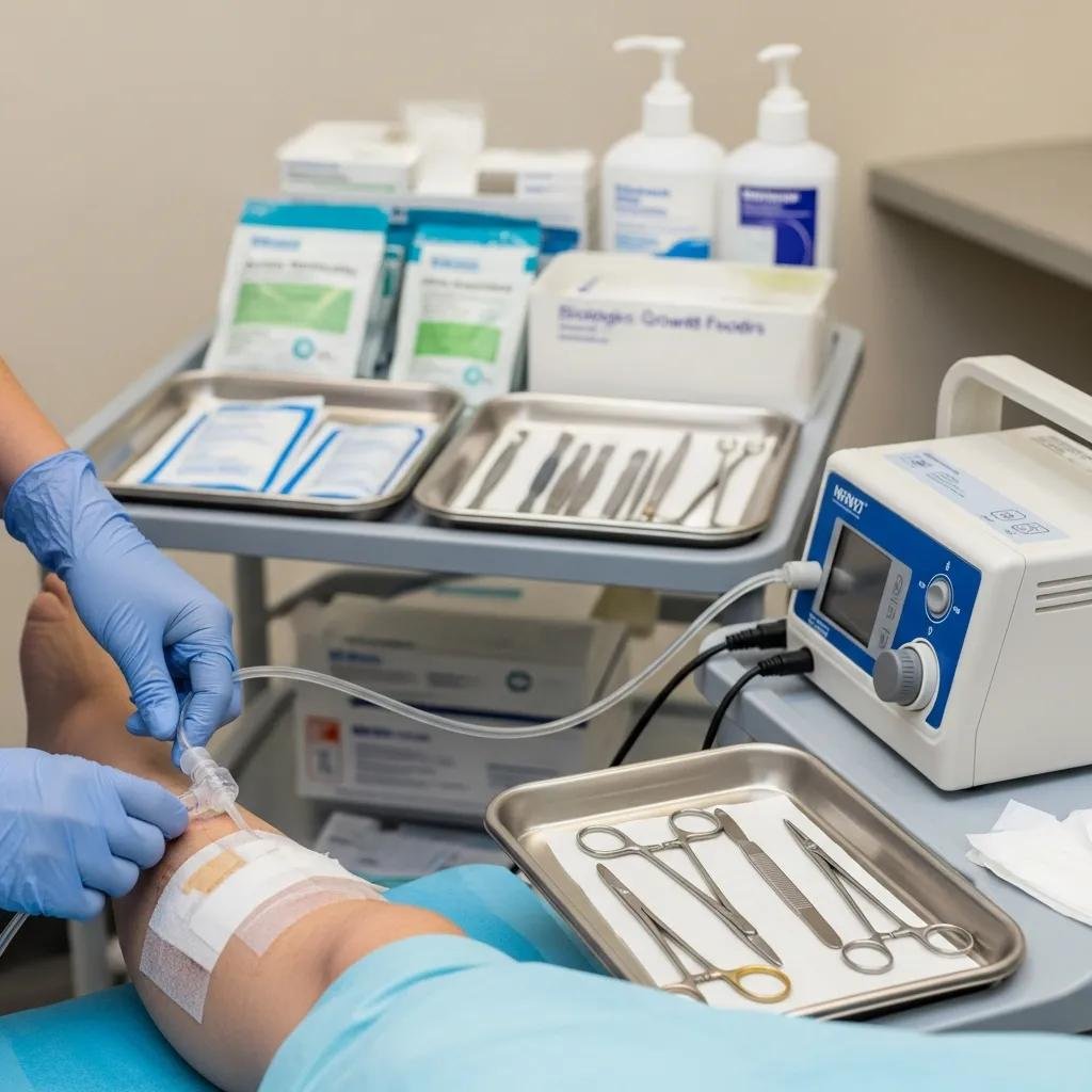 Healthcare professional applying advanced wound care treatment on a patient's leg, featuring specialized equipment and supplies for mobile post-surgical wound management.