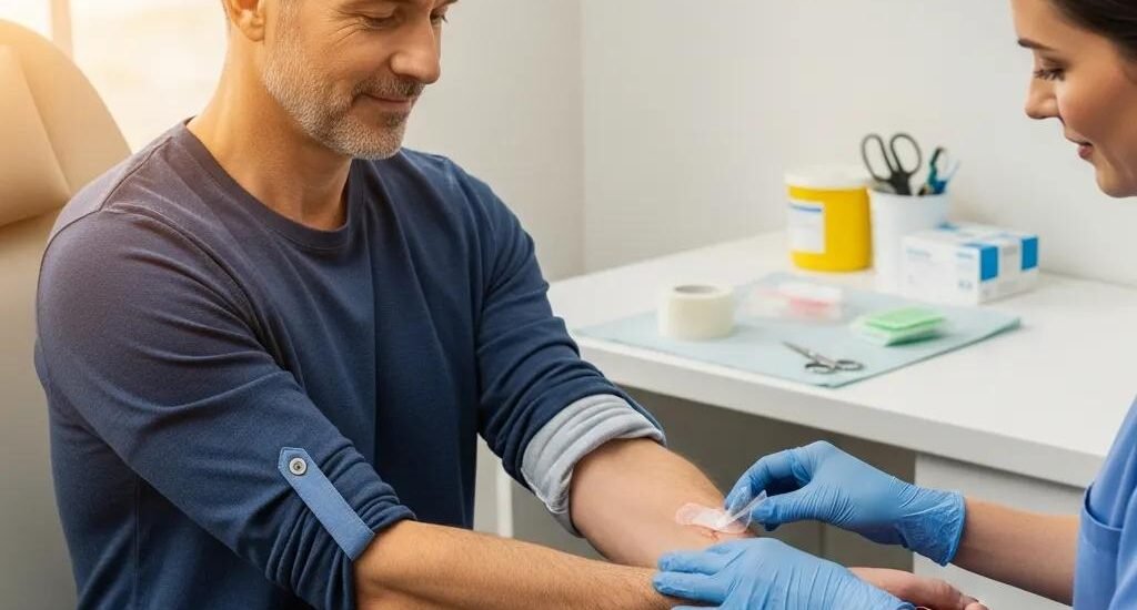Healthcare professional applying antimicrobial dressing to a wound, emphasizing infection control and patient care
