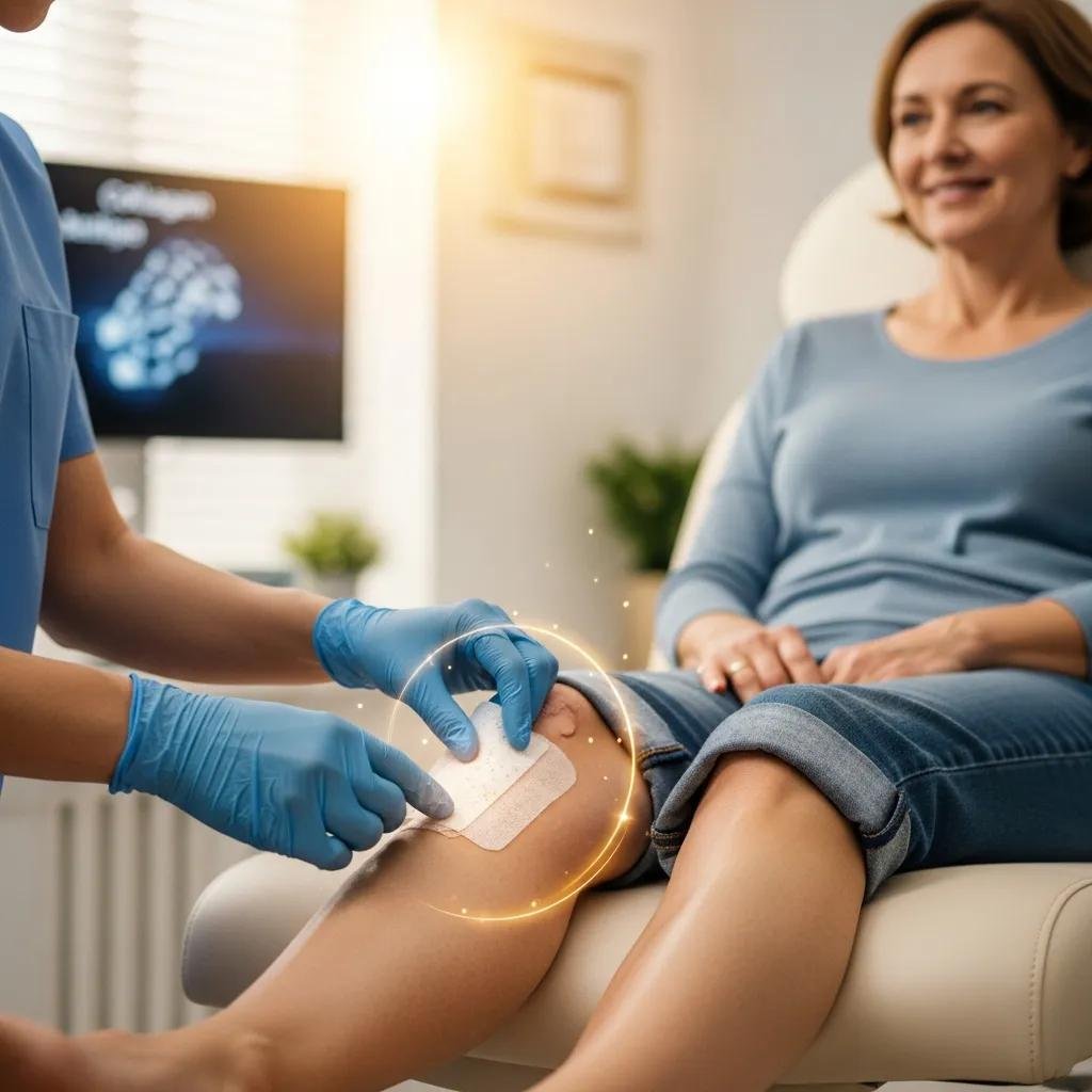 Healthcare professional applying collagen dressing to a patient's knee wound, demonstrating advanced wound care benefits and collagen therapy.