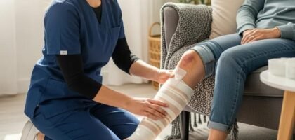 Healthcare professional applying compression therapy to a patient's venous leg ulcer in a home setting, emphasizing advanced wound care practices.