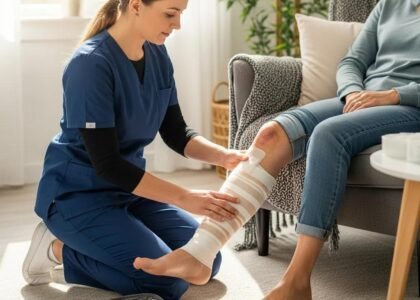 Healthcare professional applying compression therapy to a patient's venous leg ulcer in a home setting, emphasizing mobile wound care services by Healix360.