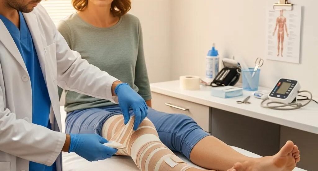 Healthcare professional applying compression therapy bandages to a patient's leg in a clinical setting, emphasizing treatment for leg ulcers.