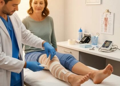 Healthcare professional applying compression therapy to a patient's leg in a clinical setting, emphasizing wound care and management.