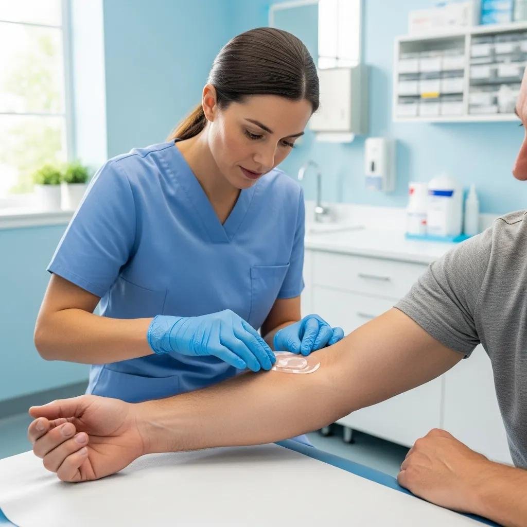 Healthcare professional applying hydrocolloid dressing to patient's arm in clinical setting, emphasizing advanced wound care techniques and patient-centered treatment.