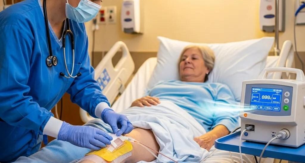 Healthcare professional applying Negative Pressure Wound Therapy (NPWT) to a patient's leg wound, showcasing the NPWT device and its components in a clinical setting.