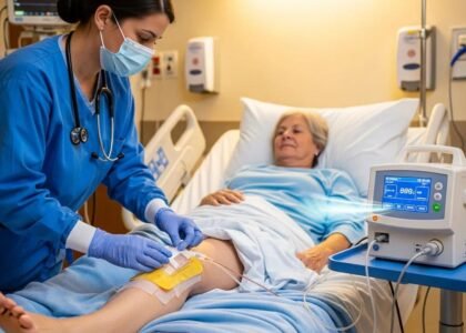 Healthcare professional applying negative pressure wound therapy to a patient's leg, highlighting NPWT device and its components for effective wound care and recovery.