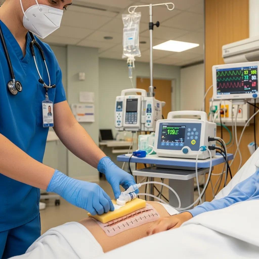 Healthcare professional applying negative pressure wound therapy on a patient's surgical site to enhance healing, with medical equipment in a clinical setting.