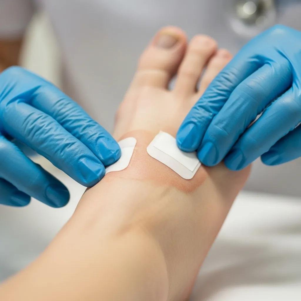 Healthcare professional applying biologic dressings to diabetic foot ulcer, demonstrating regenerative therapy techniques for wound healing.