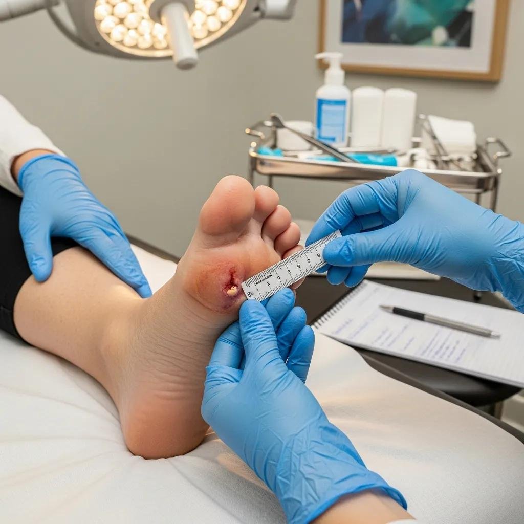 Healthcare professional measuring a diabetic foot ulcer on a patient's foot during an initial wound assessment, with medical tools and notes visible in the background.