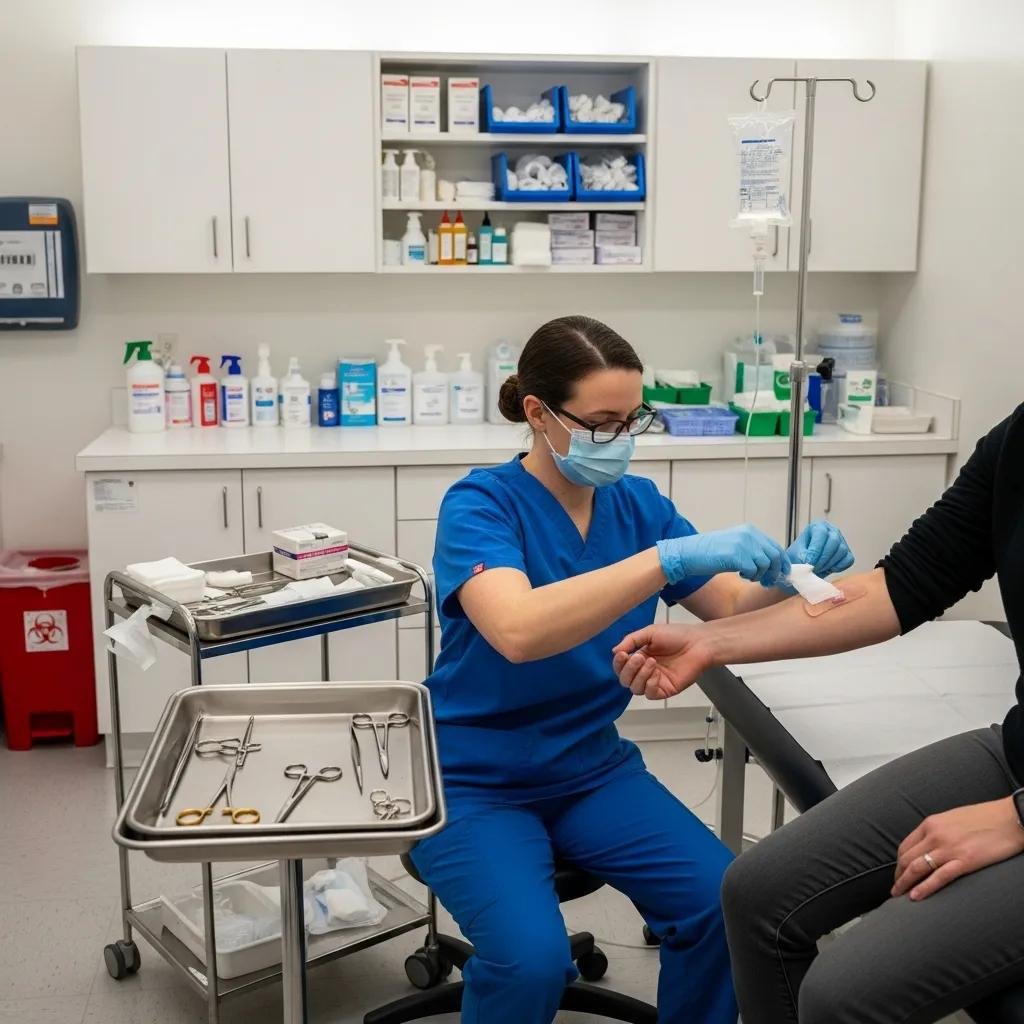 Healthcare professional in blue scrubs applying a wound dressing to a patient's arm in a clinical setting, emphasizing traditional wound care practices with medical supplies in the background.