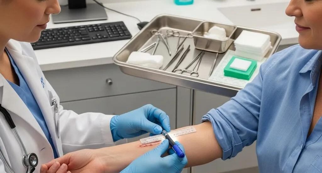 Healthcare professional assessing a wound on a patient's arm in a clinical environment