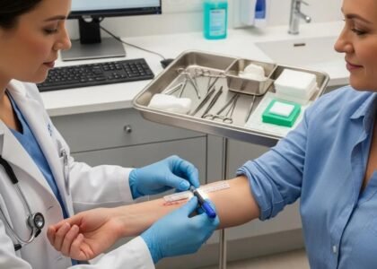 Healthcare professional assessing a wound on a patient's arm in a clinical environment, emphasizing effective wound care techniques and patient safety.