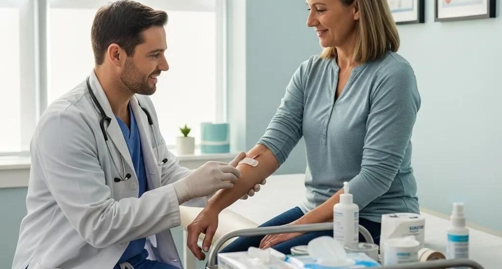 Healthcare professional assisting patient with wound care, emphasizing smoking's negative impact on healing, in a clinical setting with medical supplies visible.