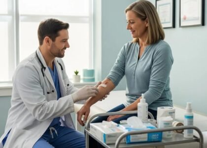 Healthcare professional assisting a patient with wound care, emphasizing the importance of effective treatment strategies for chronic wounds and the impact of smoking on healing.