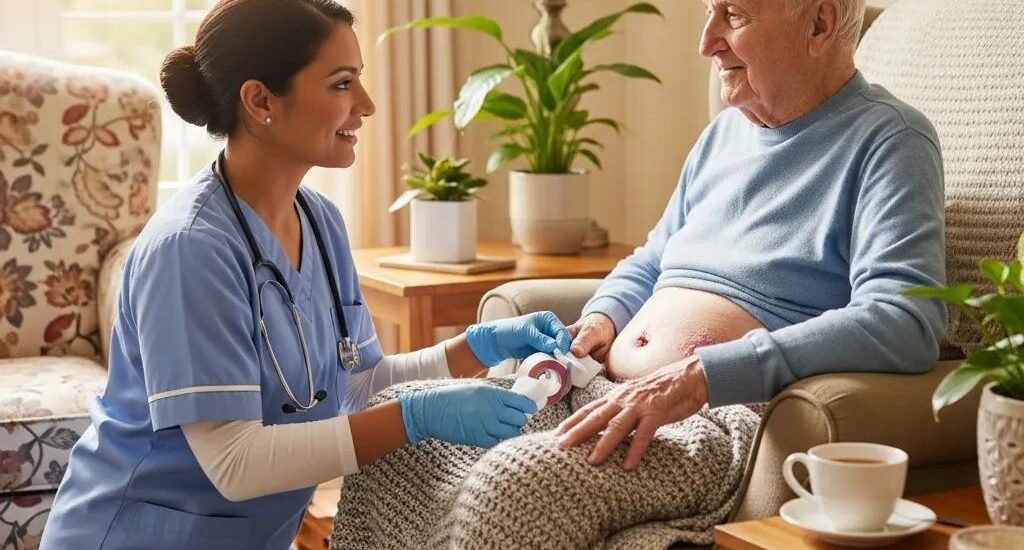 Healthcare professional providing wound care for a patient with a pressure ulcer in a home setting, emphasizing personalized treatment and comfort.