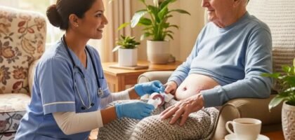 Healthcare professional providing in-home wound care to a patient with a pressure ulcer, emphasizing chronic wound treatment and healing outcomes.