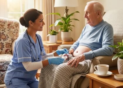 Healthcare professional providing wound care to a senior patient in a home setting, emphasizing in-home treatment for pressure ulcers by Healix360.