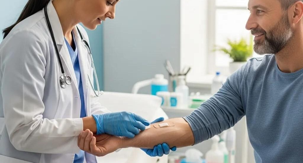 Healthcare professional applying a bandage to a patient's arm in a clinical setting, emphasizing wound care and medication management.