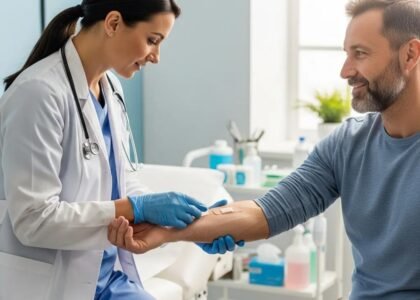 Healthcare professional applying a bandage to a patient's arm in a clinical setting, emphasizing wound care and patient recovery.