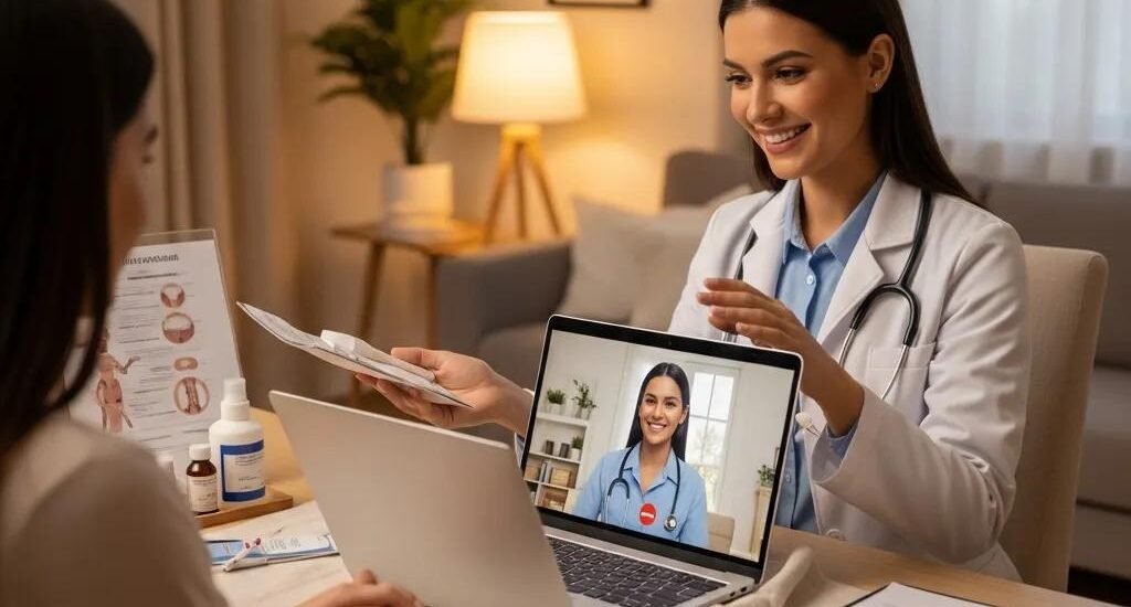 Healthcare professional conducting a virtual wound care consultation via laptop with a patient at home, showcasing telemedicine's role in mobile wound care.