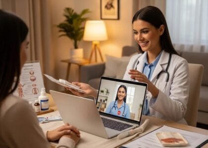 Healthcare professional conducting a virtual wound care consultation with a patient at home, showcasing telemedicine solutions for effective healing and patient comfort.
