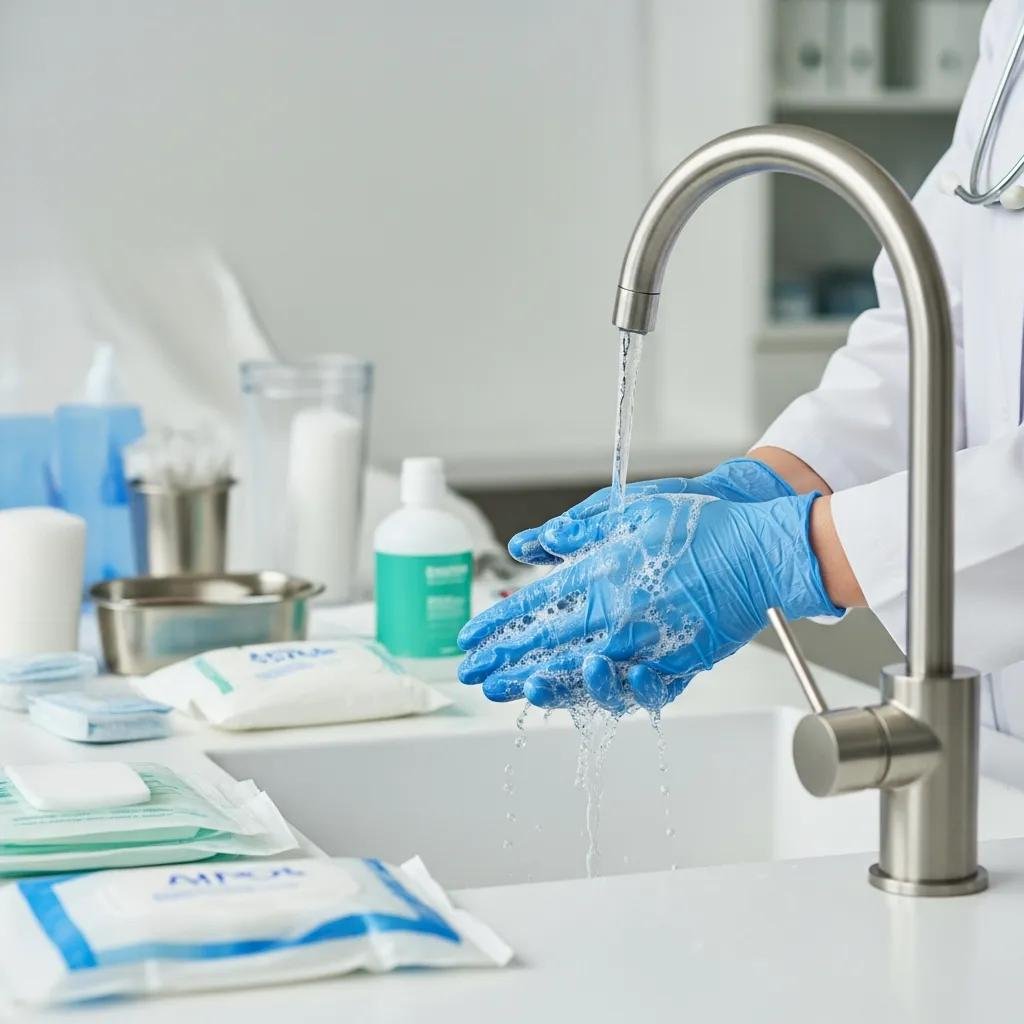 Healthcare professional performing hand hygiene with soap and water at a clinical setting, emphasizing infection prevention protocols in mobile wound care.