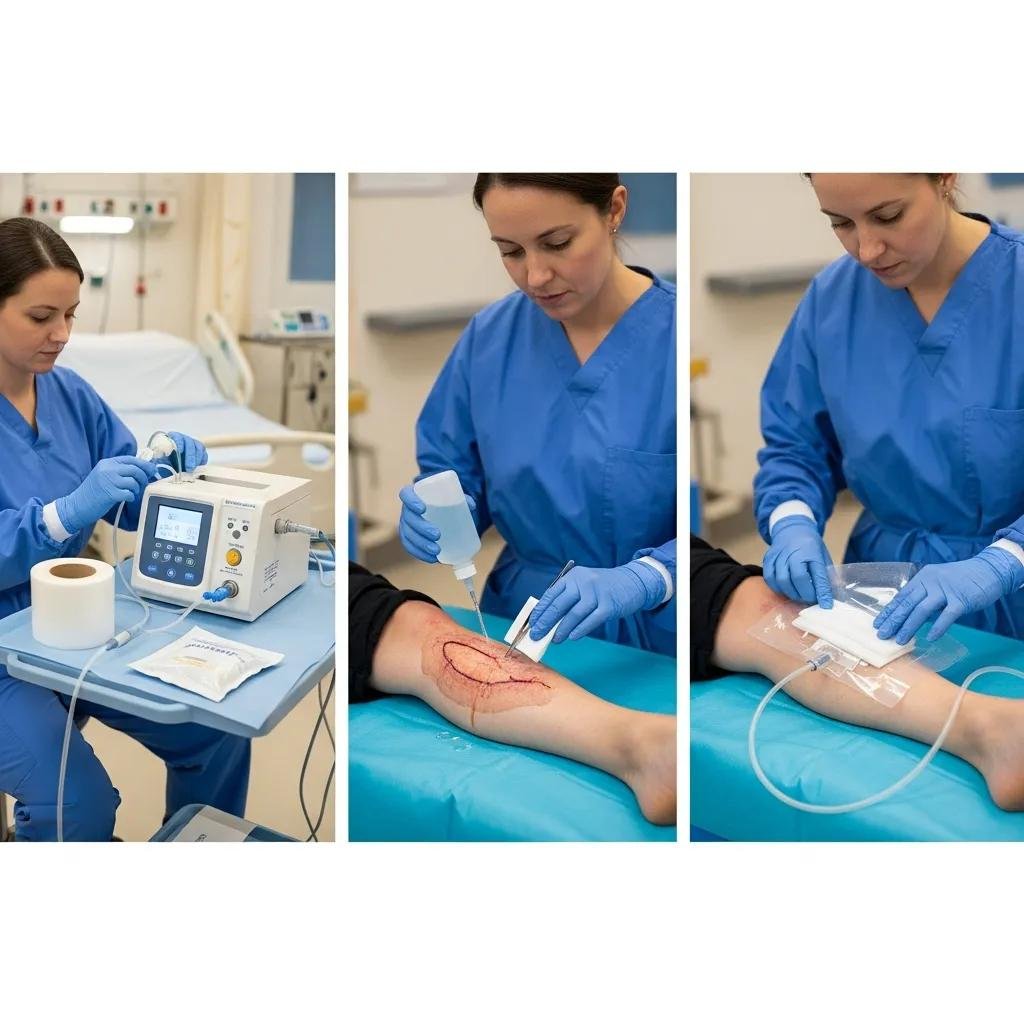 Healthcare professional performing negative pressure wound therapy (NPWT) on a diabetic foot ulcer, demonstrating wound cleaning, device application, and setup process in a clinical setting.