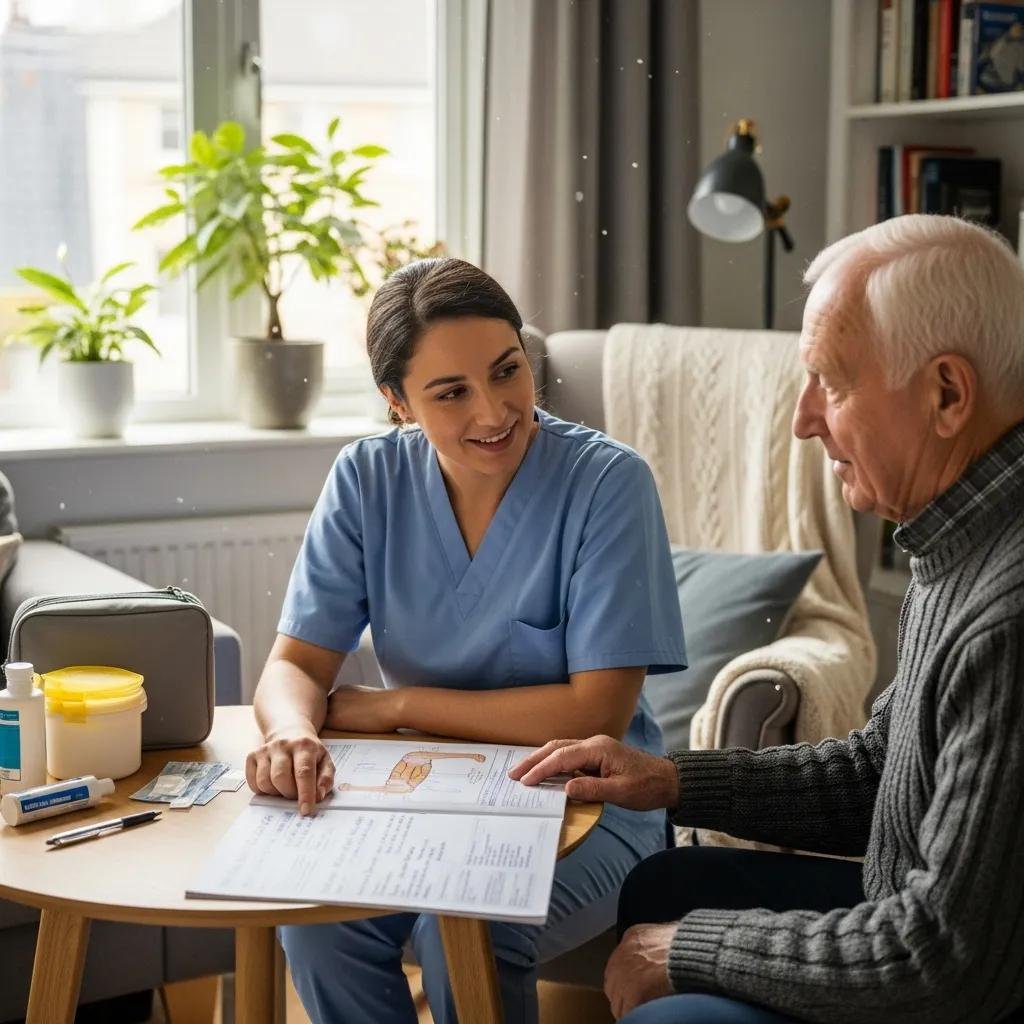Healthcare professional in scrubs discussing personalized wound care treatment with elderly patient at home, surrounded by medical supplies and documentation.