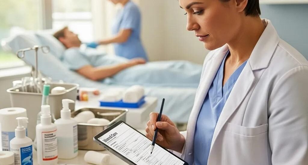 Healthcare professional documenting wound care on a tablet in a clinical setting, emphasizing accurate record-keeping for patient safety and effective treatment.