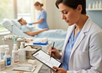 Healthcare professional documenting wound care on a tablet in a clinical setting, with a patient receiving treatment in the background, surrounded by wound care supplies.