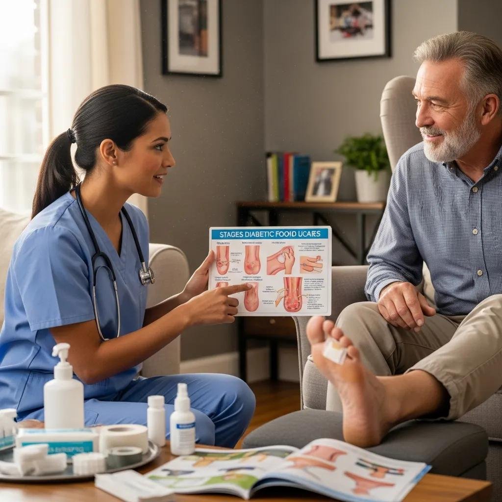 Healthcare professional educating a patient about stages of diabetic foot ulcer care, featuring visual aids and treatment products in a home setting.