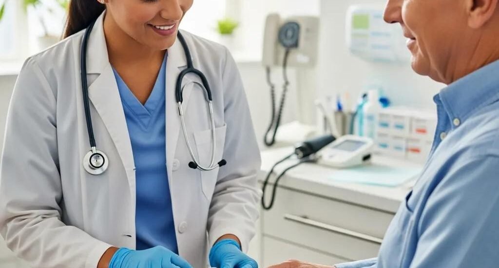 Healthcare professional examining a patient's hand, emphasizing chronic wound care and infection prevention in a clinical setting.