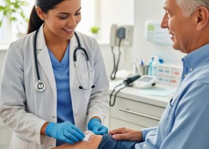 Healthcare professional applying a wound dressing to a patient's arm, emphasizing patient care and infection prevention in a clinical setting.