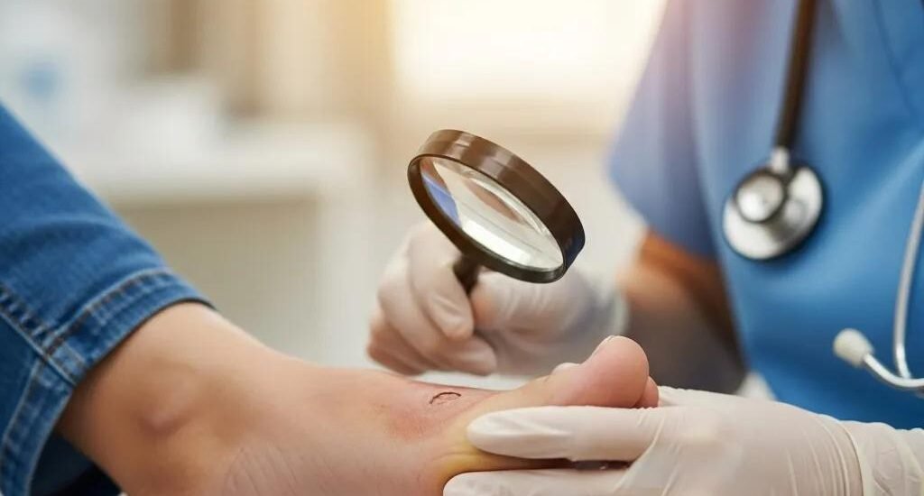 Healthcare professional examining a diabetic foot ulcer with a magnifying glass in a clinical setting, emphasizing advanced wound care techniques.
