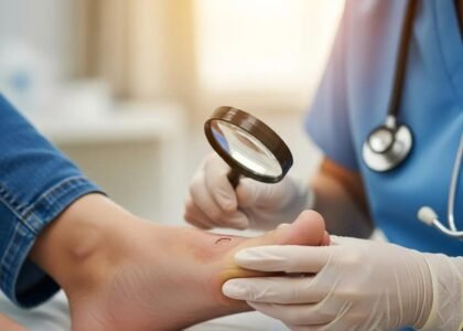 Healthcare professional examining a diabetic foot ulcer with a magnifying glass in a clinical setting, highlighting wound care and treatment options.