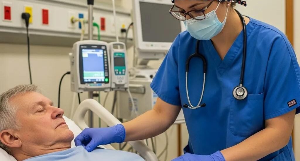 Healthcare professional in blue scrubs and mask examining a patient with a pressure ulcer in a hospital setting, emphasizing wound care and treatment.