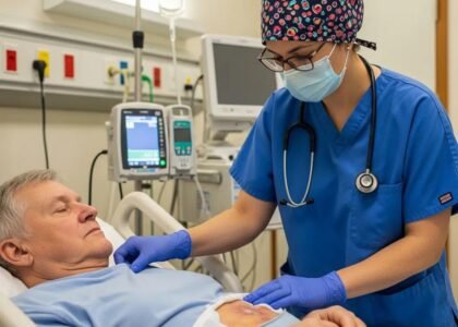 Healthcare professional examining a patient with a pressure ulcer in a hospital setting, emphasizing wound care and healing.