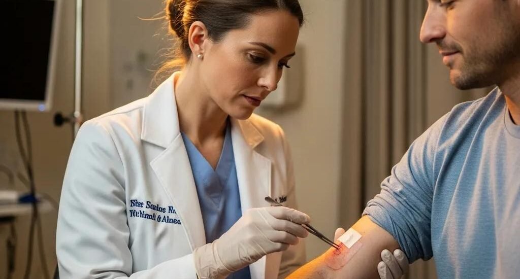 Healthcare professional examining a patient's wound in a clinical setting, emphasizing care and professionalism related to wound management and healing.