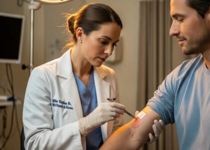 Healthcare professional examining a patient's wound in a clinical setting, emphasizing care and professionalism in wound management.