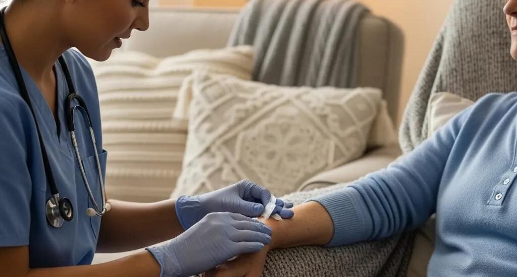 Healthcare professional providing wound care in a comforting home environment, focusing on patient care and comfort.