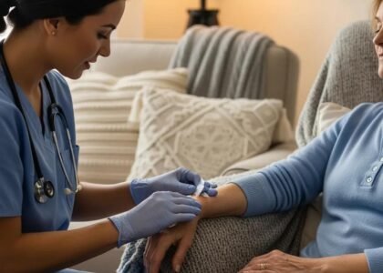 Healthcare professional providing wound care in a comforting home environment, focusing on patient care for burn wounds and chronic injuries.