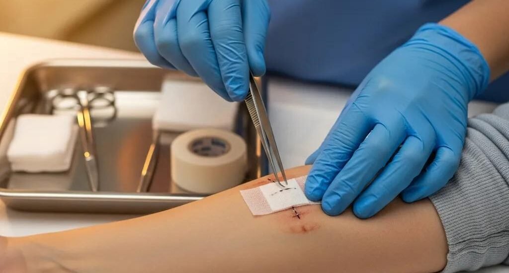 Healthcare professional examining a patient's wound in a sterile environment, demonstrating wound care techniques relevant to infection management and healing.