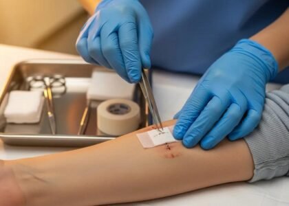 Healthcare professional in blue gloves examining a patient's wound and applying a sterile dressing in a clinical setting, emphasizing effective wound care practices.