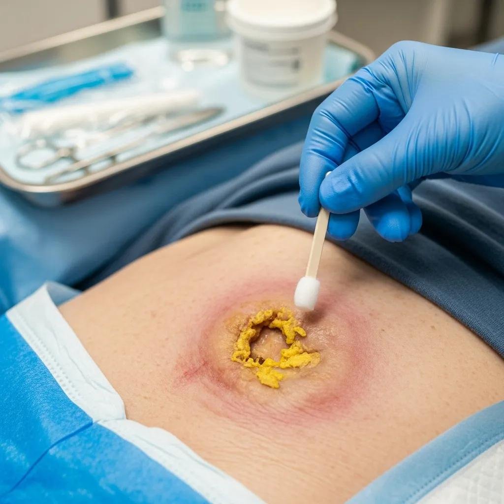 Healthcare professional cleaning a pressure ulcer on an elderly patient's abdomen, emphasizing wound care and treatment for chronic wounds.