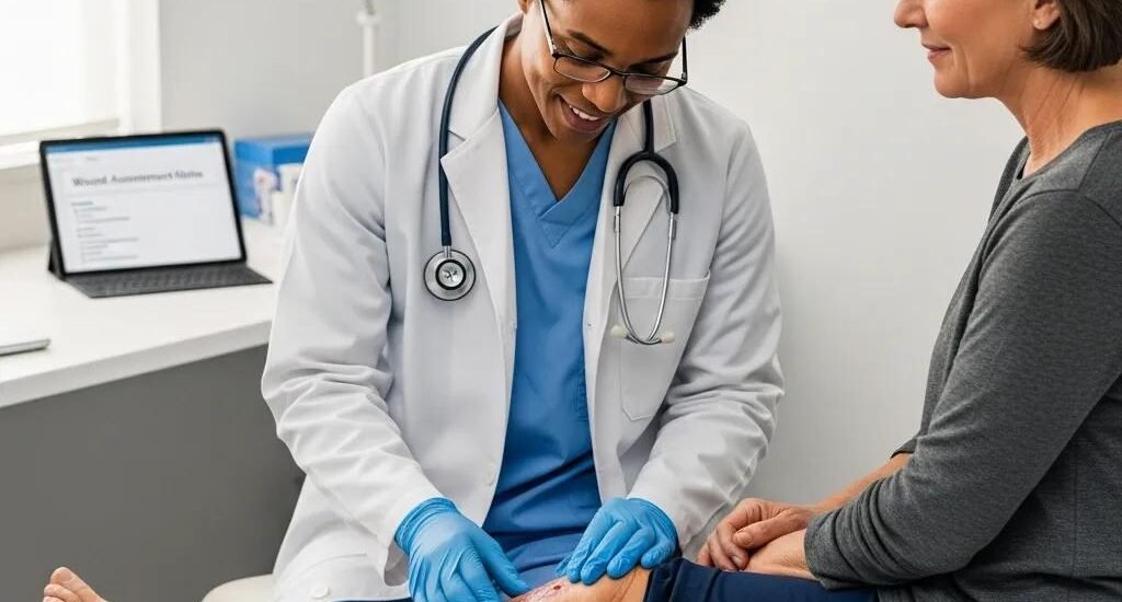 Healthcare professional examining a patient's wound, highlighting the effects of chronic diseases on healing, with a tablet displaying wound assessment information in the background.