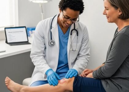 Healthcare professional examining a patient's wound, highlighting chronic disease impacts on healing and patient care strategies.