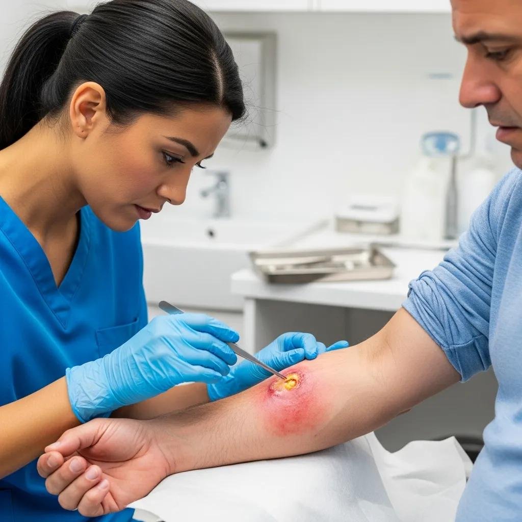 Healthcare professional examining a wound on a patient's arm, showing signs of infection, in a clinical setting, emphasizing proper wound care practices.