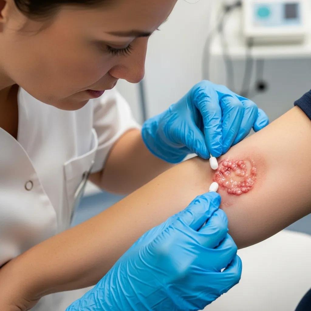 Healthcare professional examining a wound with healthy granulation tissue in a clinical setting, indicating positive healing progress.